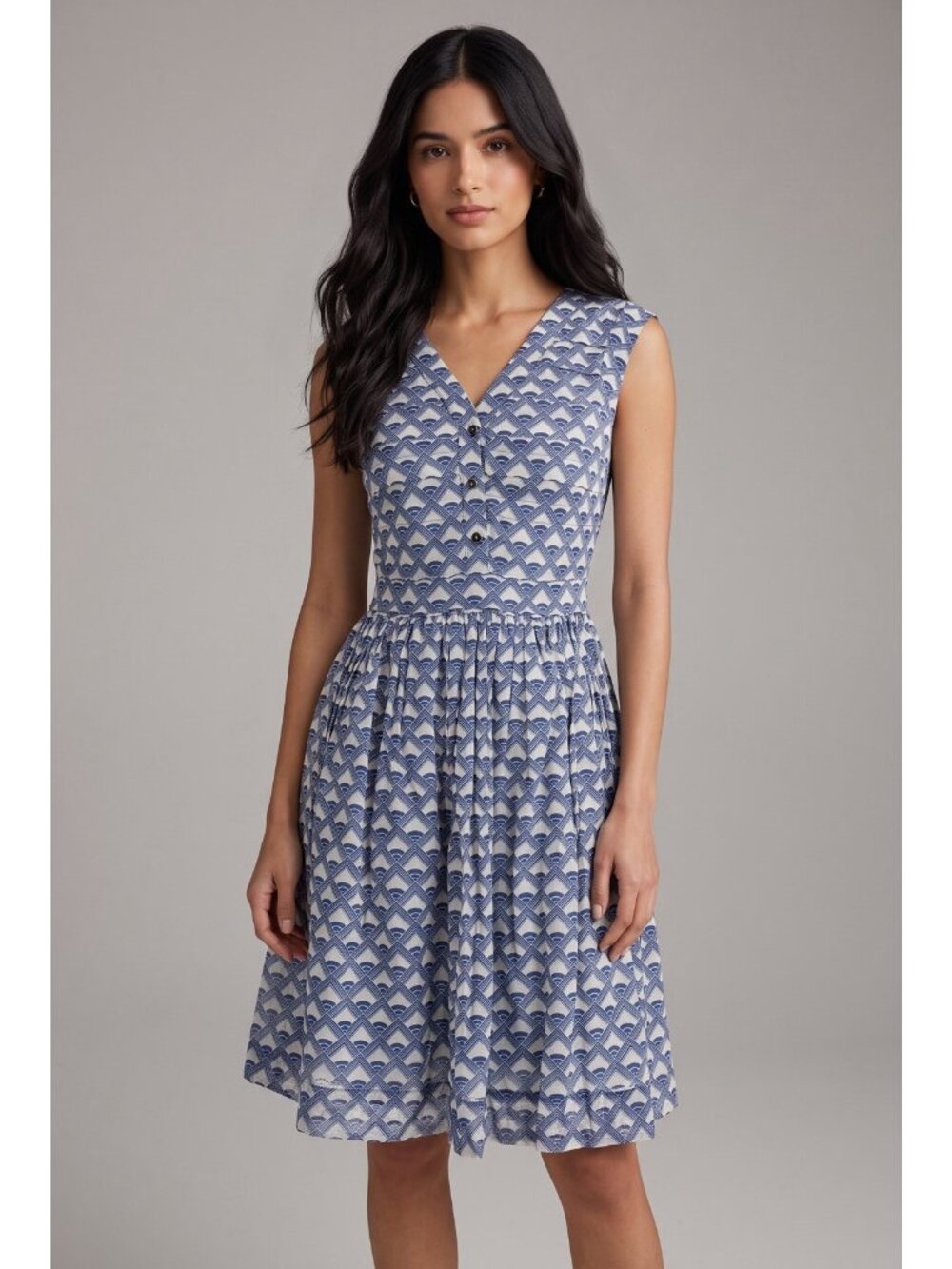 Tory Burch Blue Print Dress Size 0 V-Neck Preppy Old Money Career Classic Coast